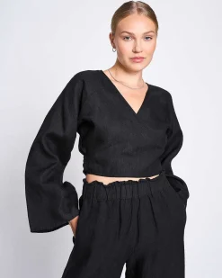 Linen Wrap Blouse Rora Black